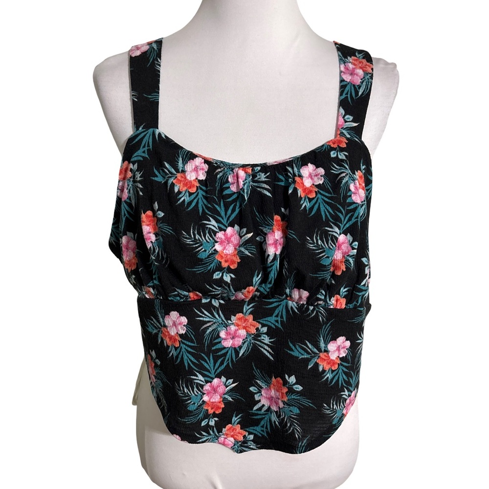 Madden NYC Black Floral Tank Top Pink and Green Accents